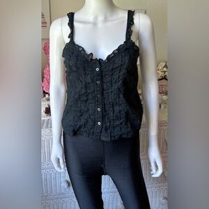 Abercrombie & Fitch Crop Top Cotton Lace Trim Working Buttons in Black Size S
